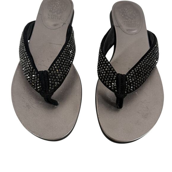 Vince Camuto Women's 7.5M EU 38 Black Elinitia Leather Thong Sandals Rhinestones - Picture 2 of 11